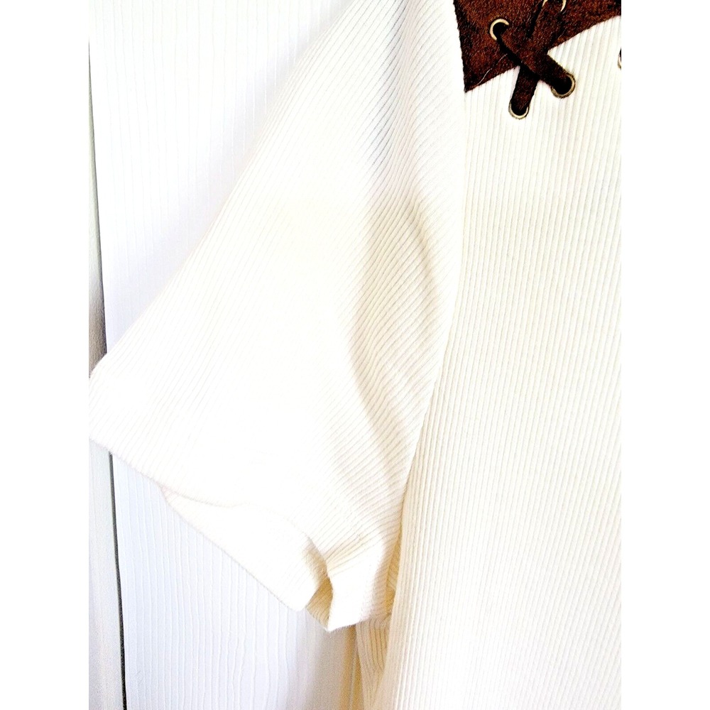 Lauren Ralph Lauren M Cream Ribbed Knit Suede Lace Up Shoulder Top Medium - Picture 7 of 9